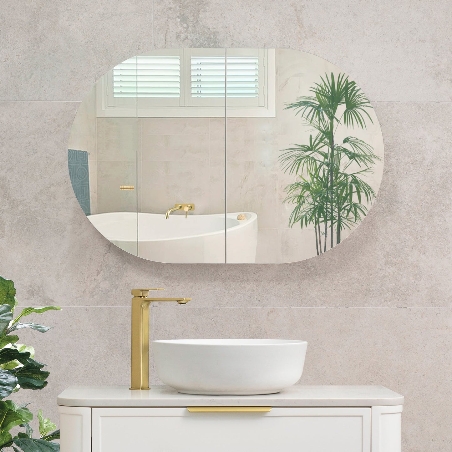 Pill Oval 900mm x 600mm Mirrored Shaving Cabinet, Matte White