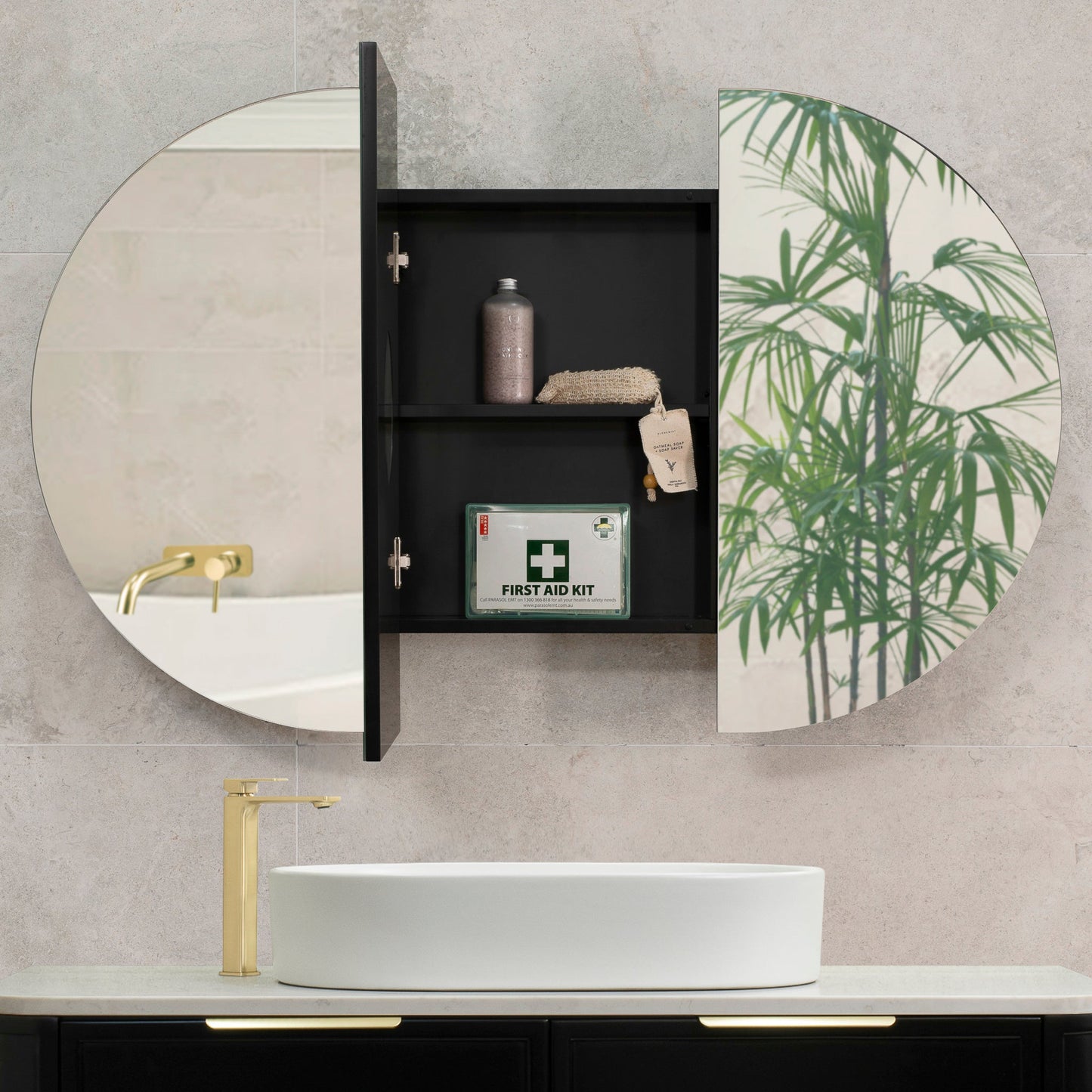 Pill Oval 1200mm x 750mm Mirrored Shaving Cabinet, Matte Black