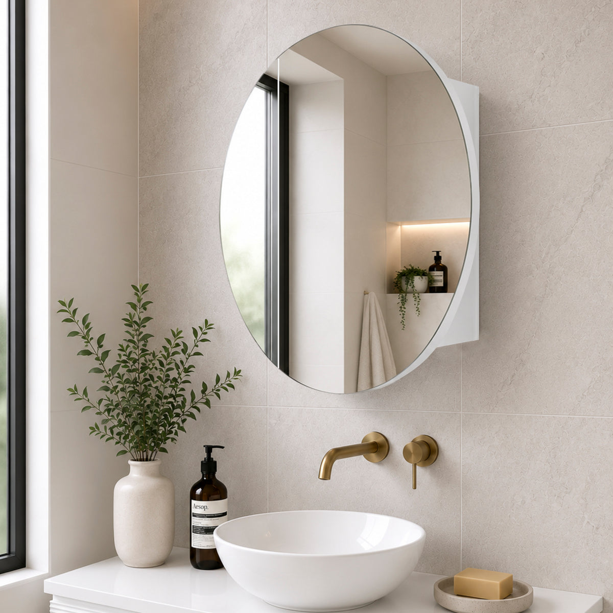 Circa Round 900mm Mirrored Shaving Cabinet, Matte White