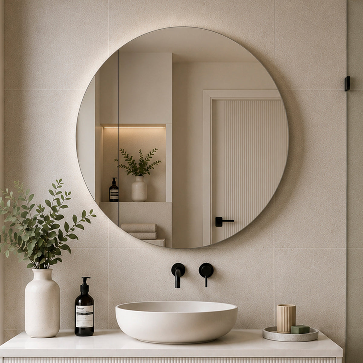 Circa Round 900mm Mirrored Shaving Cabinet, Matte White