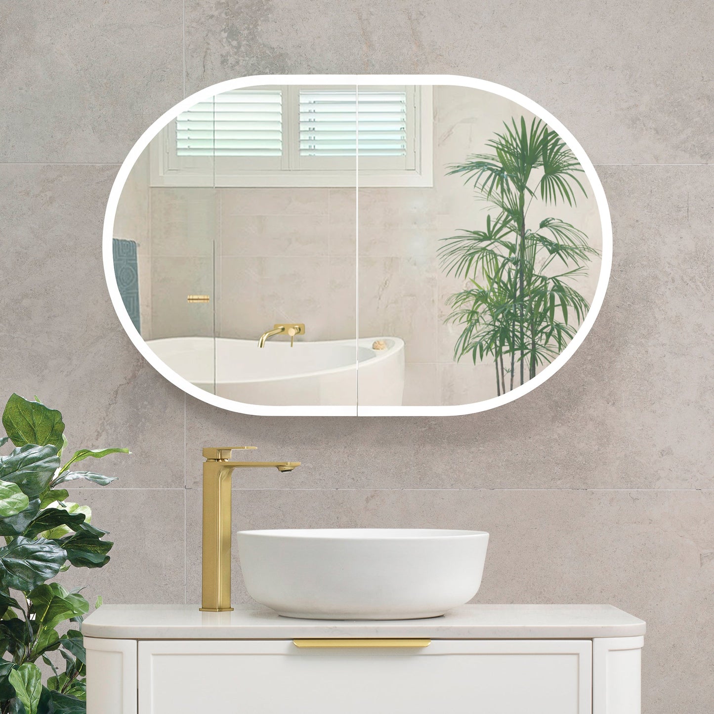 Pill Oval 900mm x 600mm Frontlit LED Mirrored Shaving Cabinet, Matte White