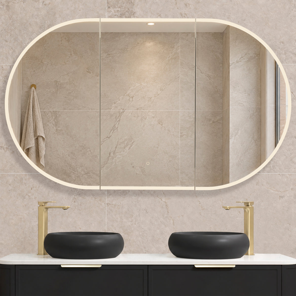Pill Oval 1500mm x 900mm Frontlit LED Mirrored Shaving Cabinet, Matte Black