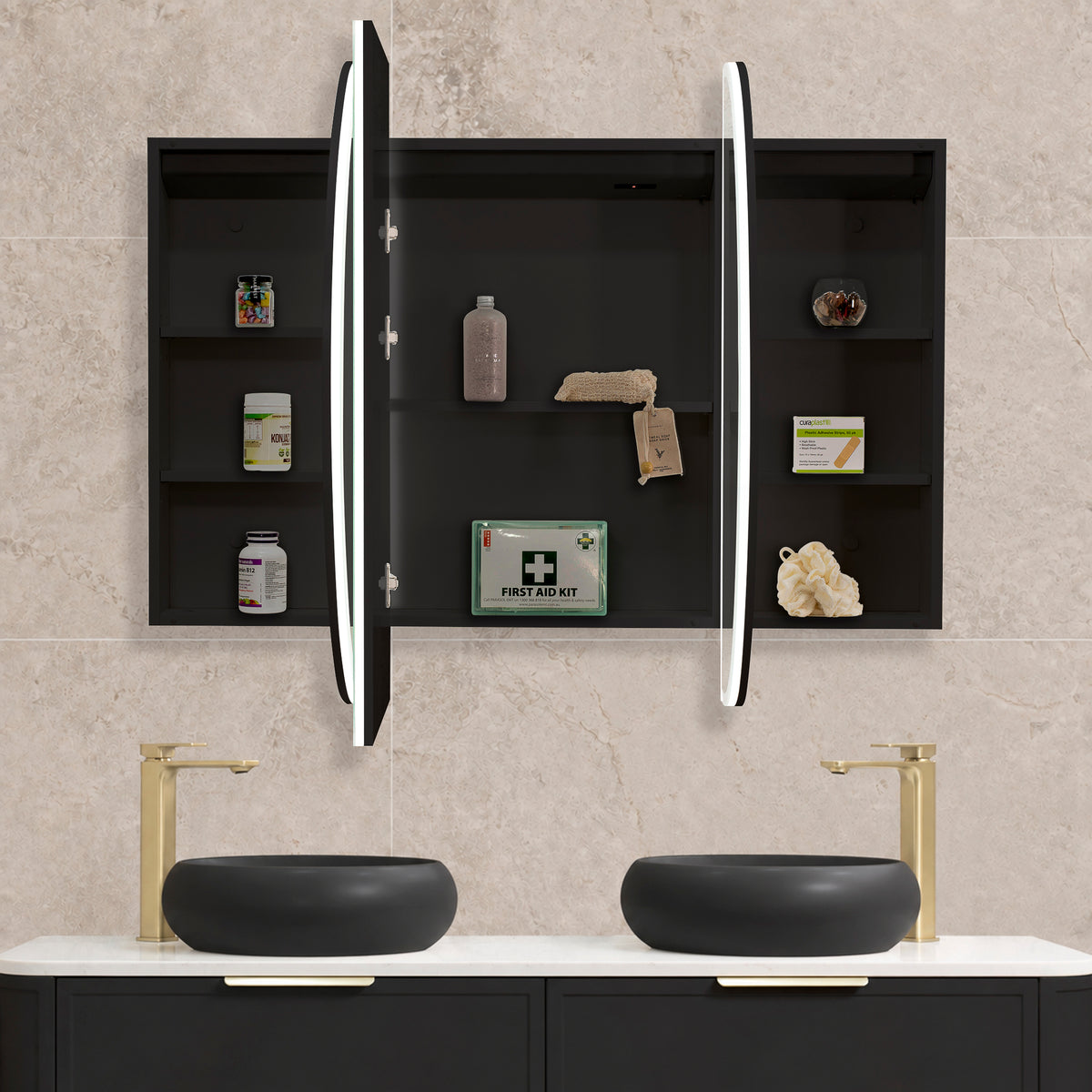 Pill Oval 1500mm x 900mm Frontlit LED Mirrored Shaving Cabinet, Matte Black