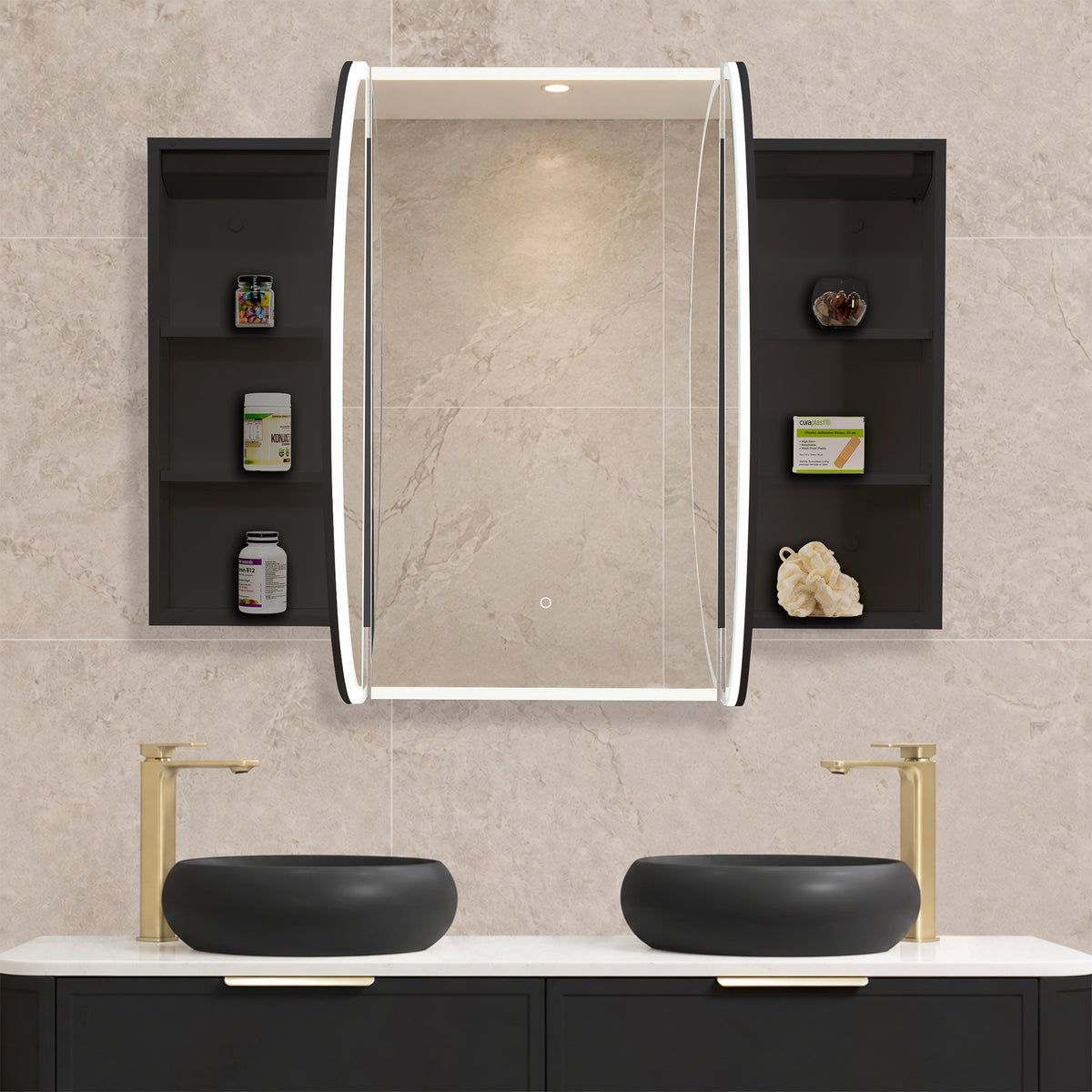 Pill Oval 1500mm x 900mm Frontlit LED Mirrored Shaving Cabinet, Matte Black