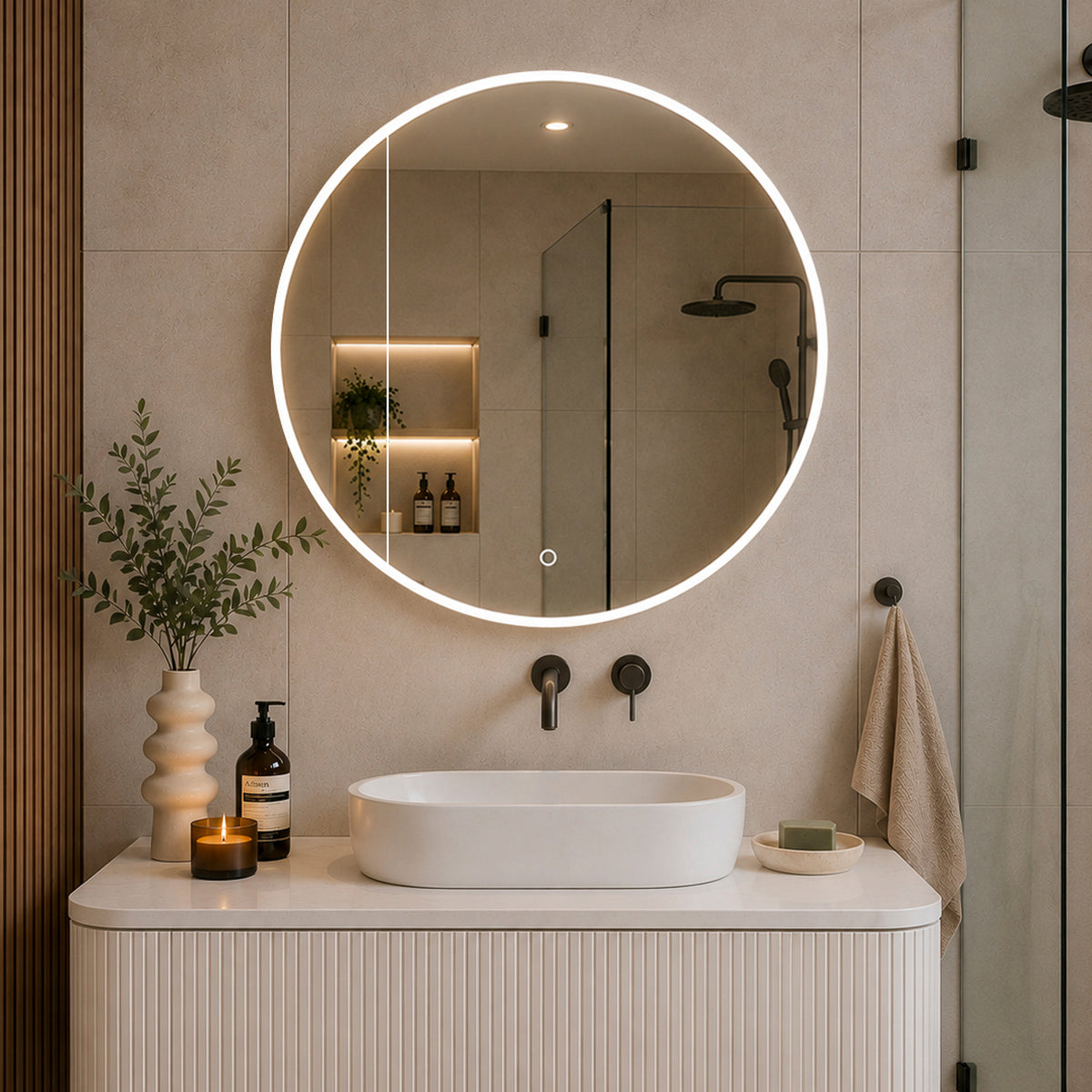 Circa Round 900mm  Frontlit LED Mirrored Shaving Cabinet, Matte White