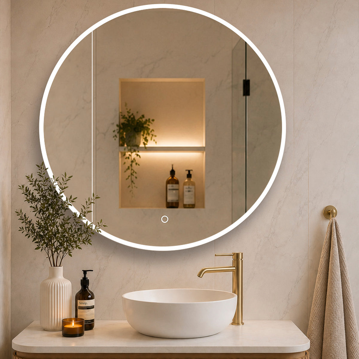 Circa Round 900mm  Frontlit LED Mirrored Shaving Cabinet, Matte White