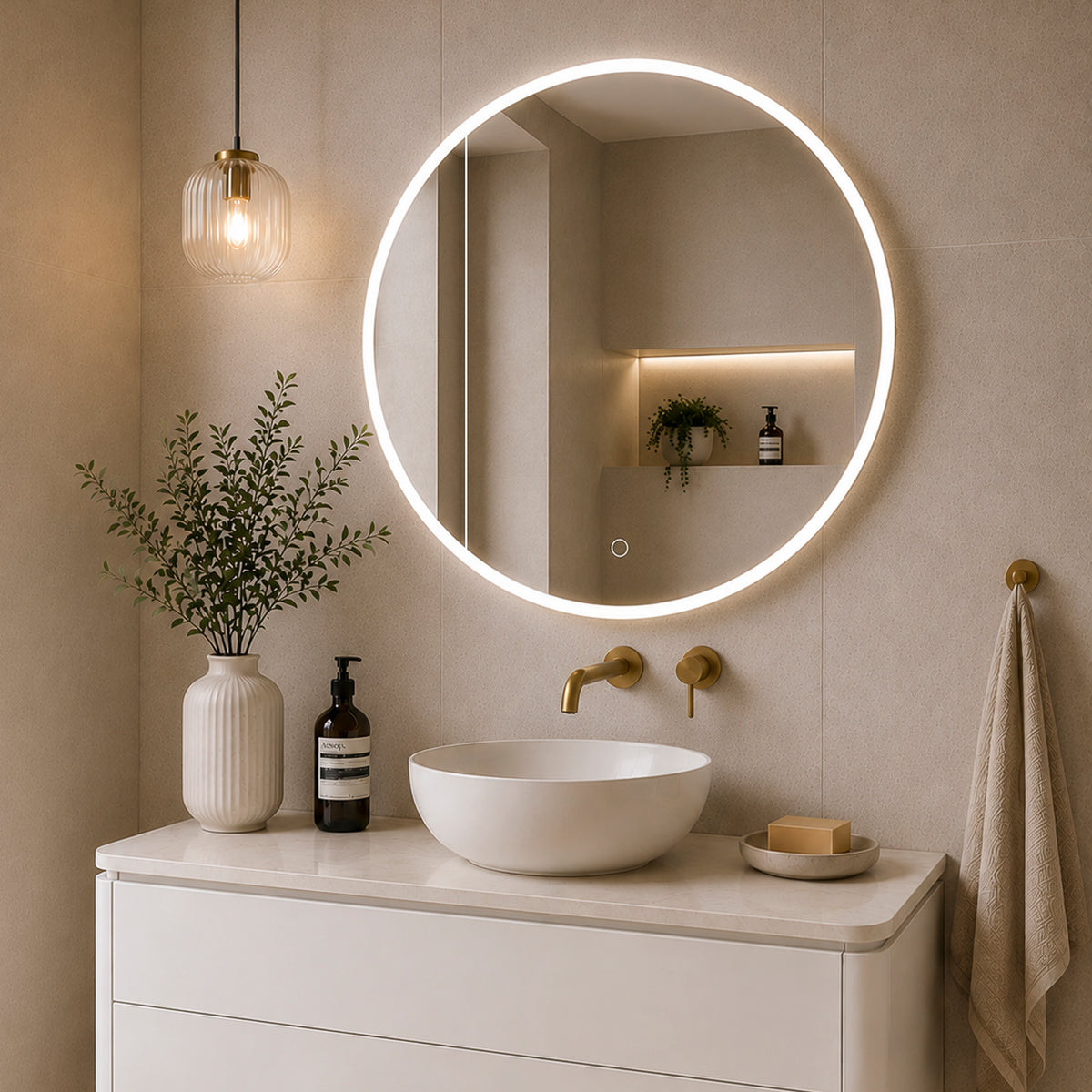 Circa Round 900mm  Frontlit LED Mirrored Shaving Cabinet, Matte White
