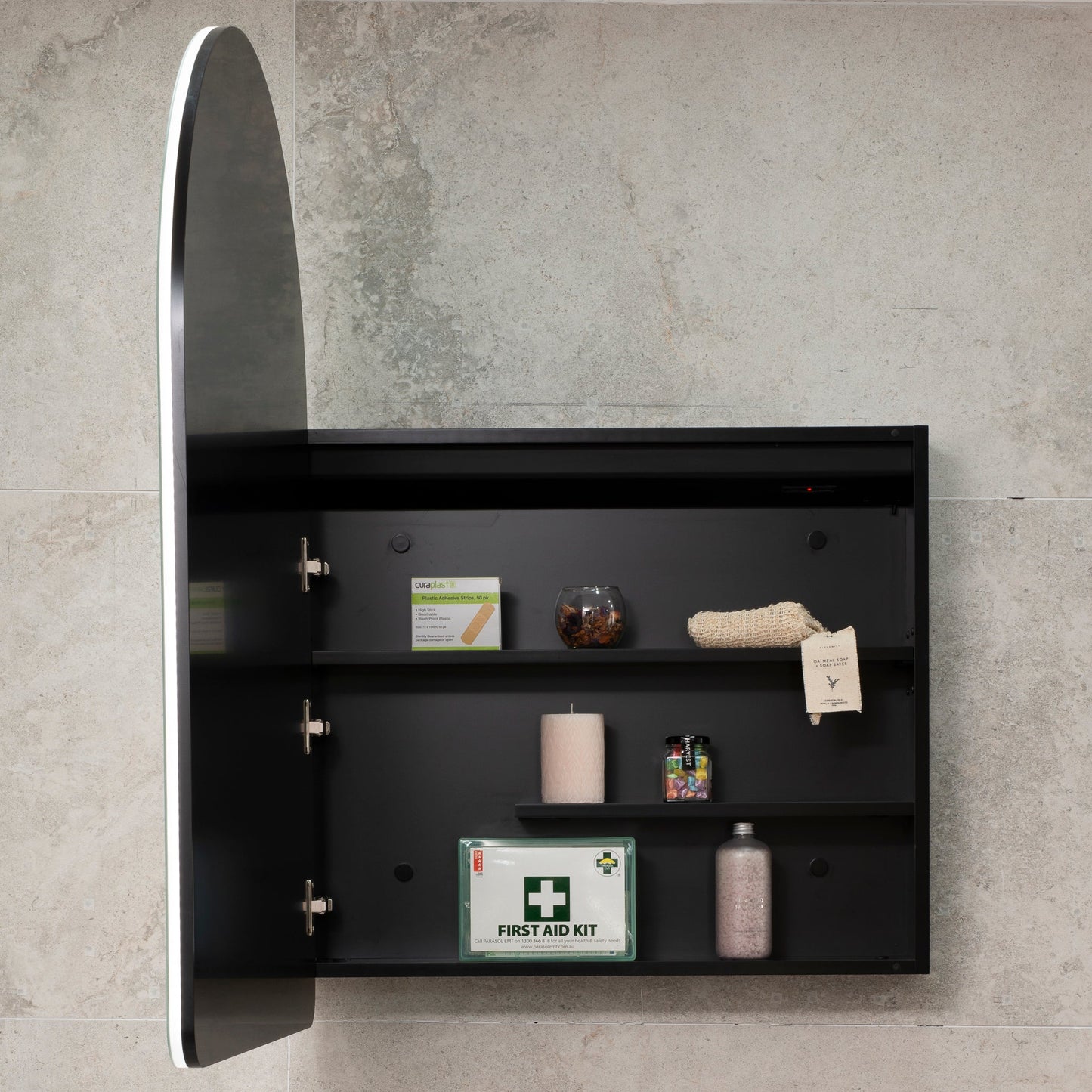 Arco Arch 700mm x 1000mm Frontlit LED Mirrored Shaving Cabinet, Matte Black