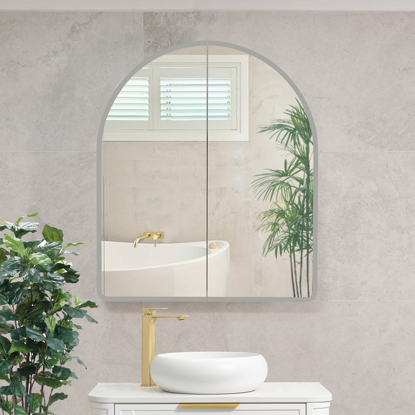 Arco Arch 850mm x 1000mm Frontlit LED Mirrored Shaving Cabinet, Matte White