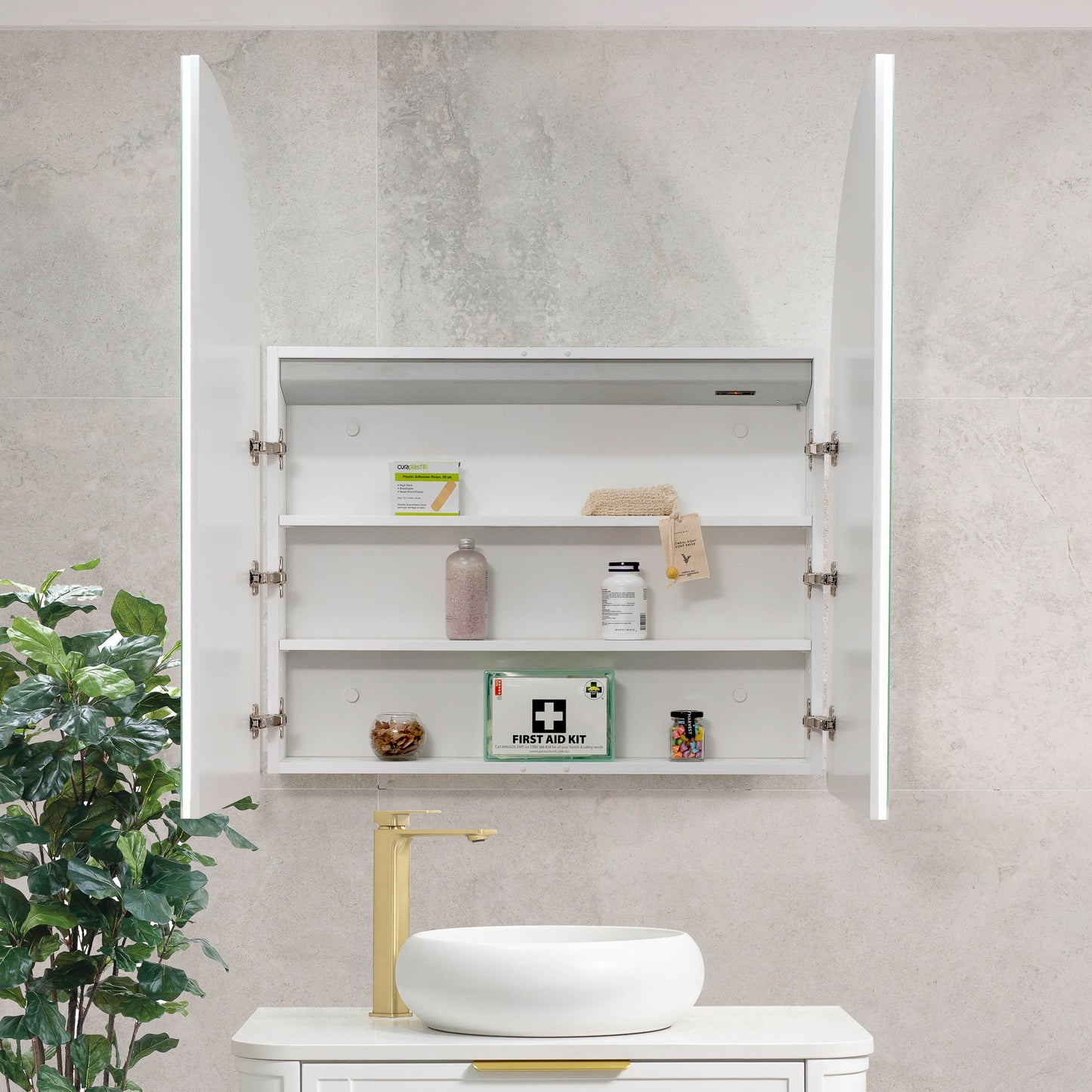 Arco Arch 850mm x 1000mm Frontlit LED Mirrored Shaving Cabinet, Matte White
