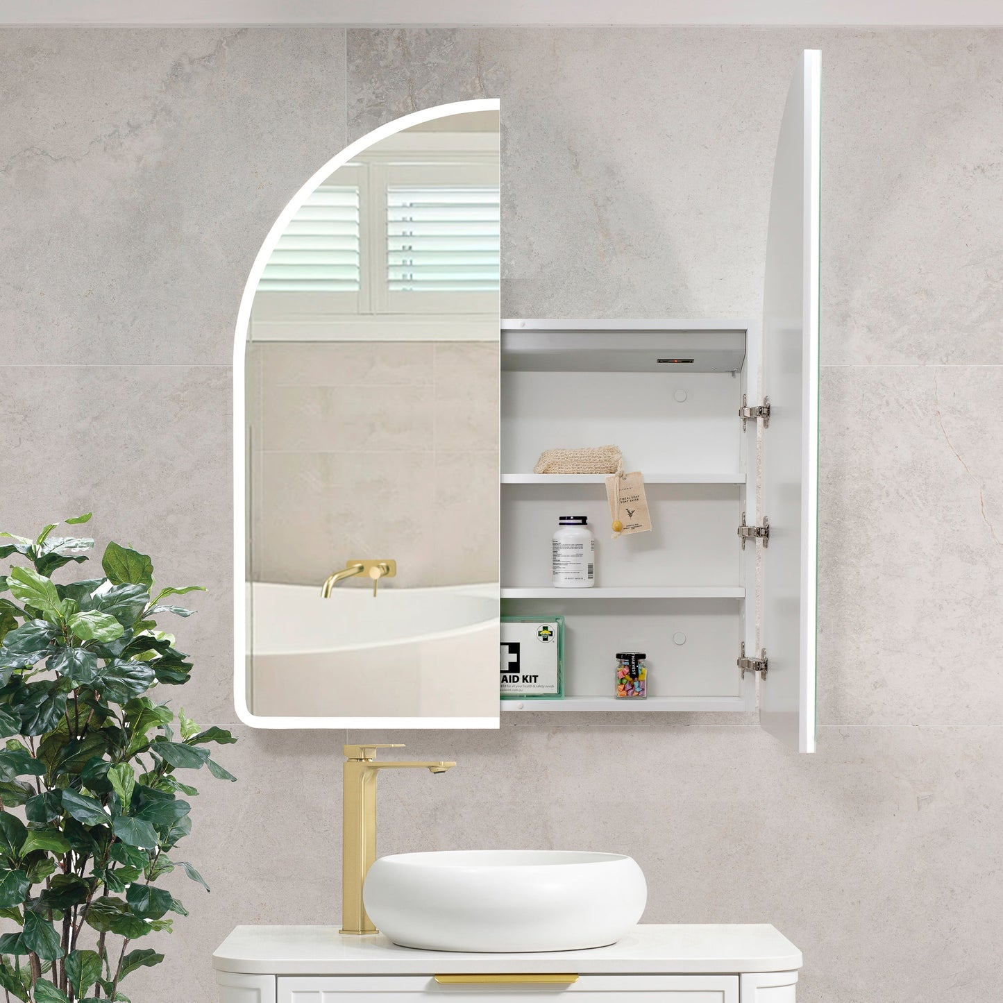 Arco Arch 850mm x 1000mm Frontlit LED Mirrored Shaving Cabinet, Matte White