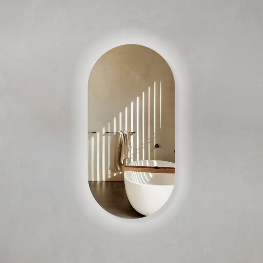Pill Oval 500mm x 1000mm Backlit LED Frameless Mirror with Polished Edge and Demister
