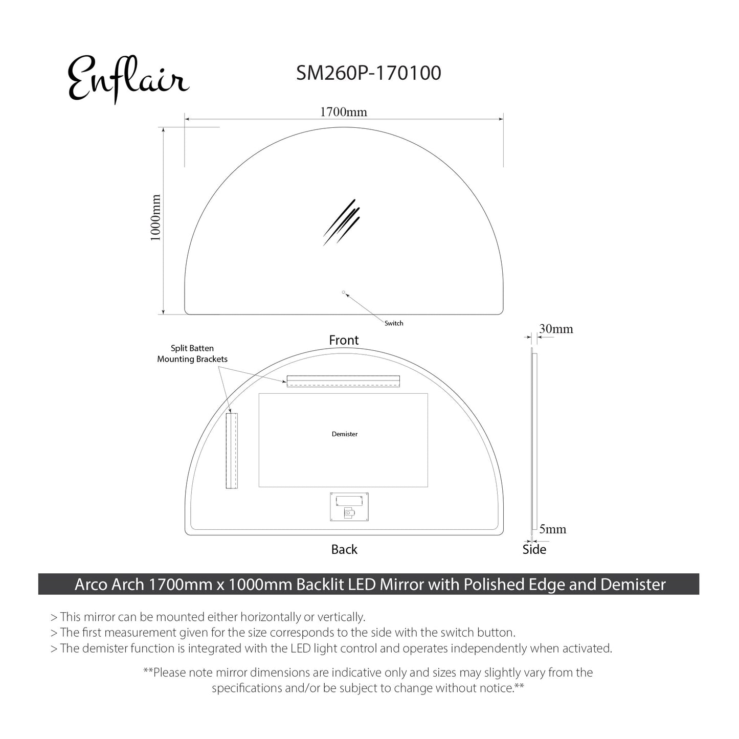 Arco Arch 1700mm x 1000mm Backlit LED Frameless Mirror with Polished Edge and Demister
