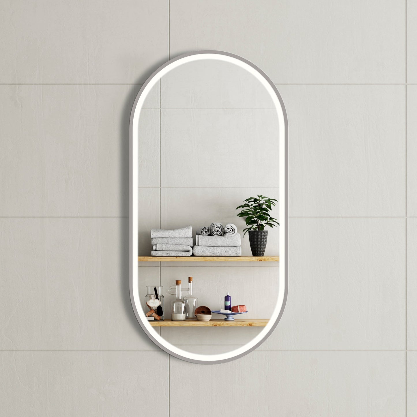 Pill Oval 500mm x 1000mm Frontlit LED Framed Mirror with Demister, Brushed Nickel Frame