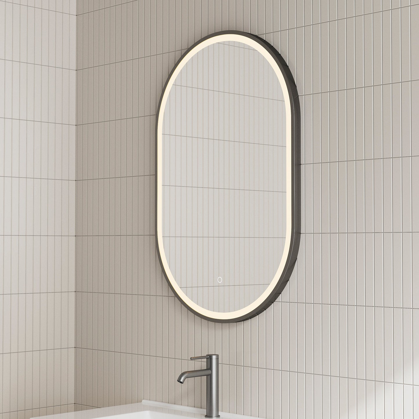 Pill Oval 700mm x 1000mm Frontlit LED Mirror with Matte Black Frame and Demister