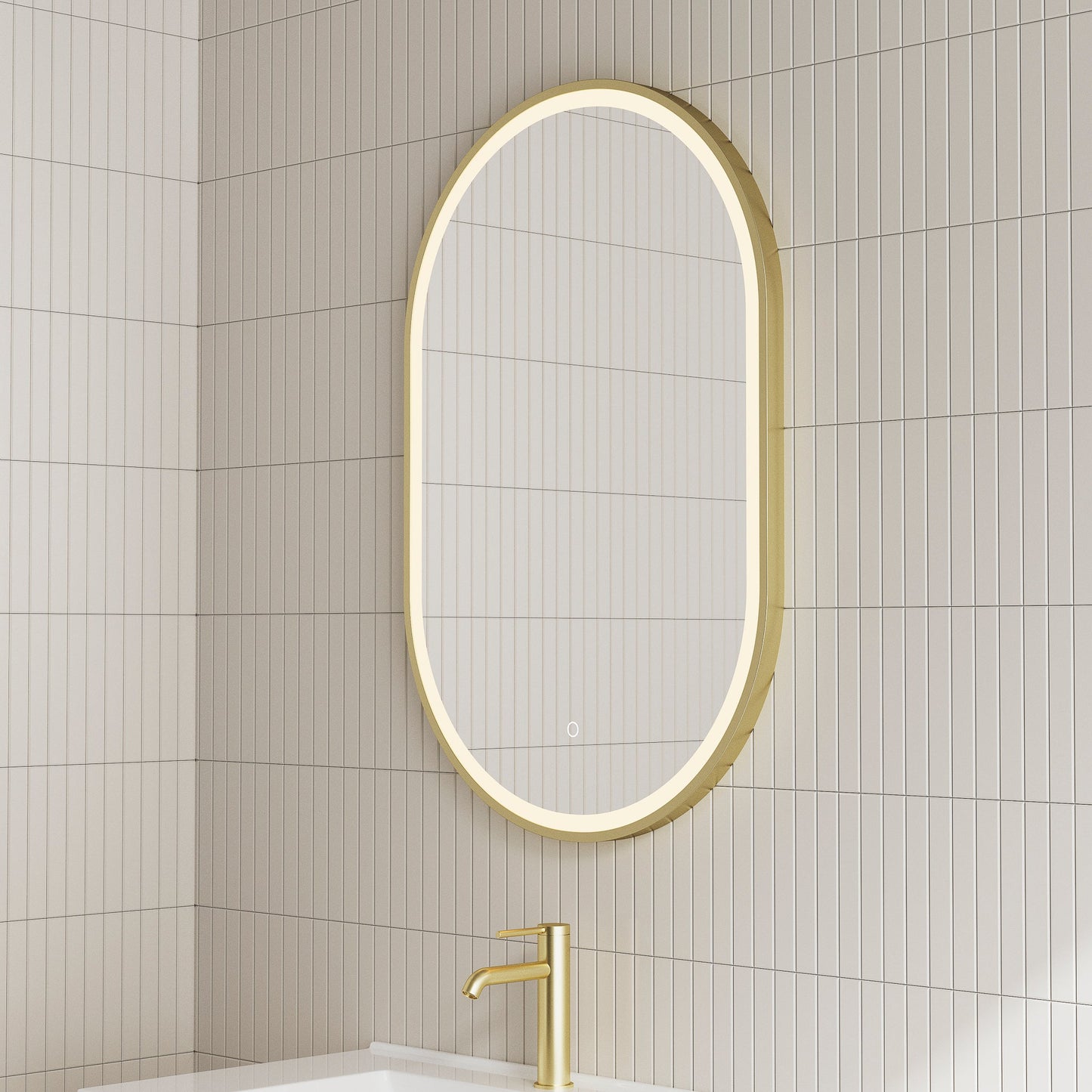 Pill Oval 600mm x 900mm Frontlit LED Mirror with Brushed Brass (Gold) Frame and Demister