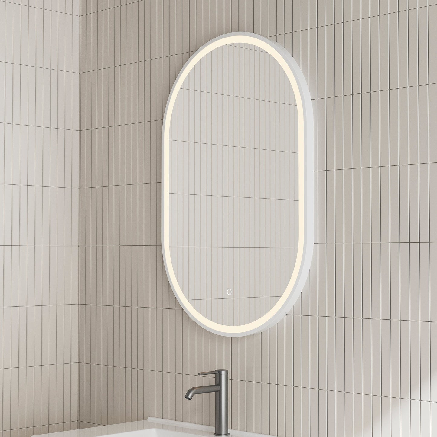 Pill Oval 500mm x 800mm Frontlit LED Mirror with Matte White Frame and Demister