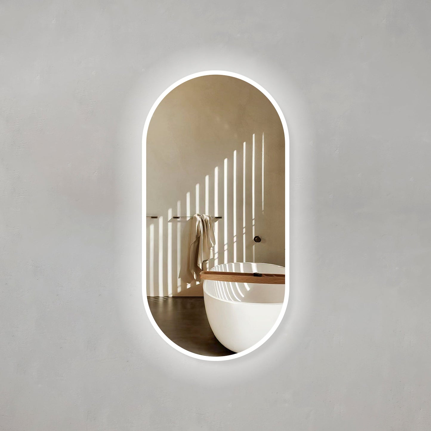 Pill Oval 500mm x 1000mm Frontlit and Backlit LED Frameless Mirror with Frosted Glass Border and Demister