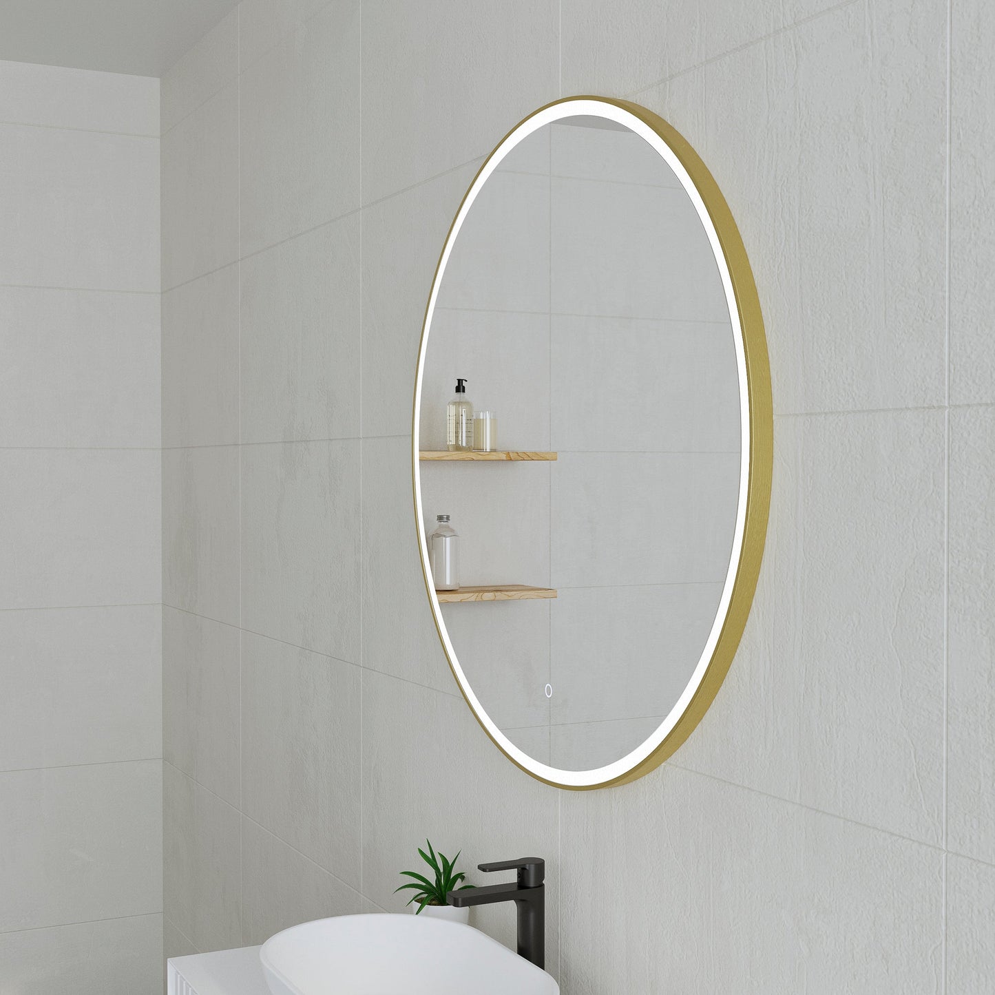 Circa Round 600mm Frontlit LED Mirror with Brushed Brass (Gold) Frame and Demister