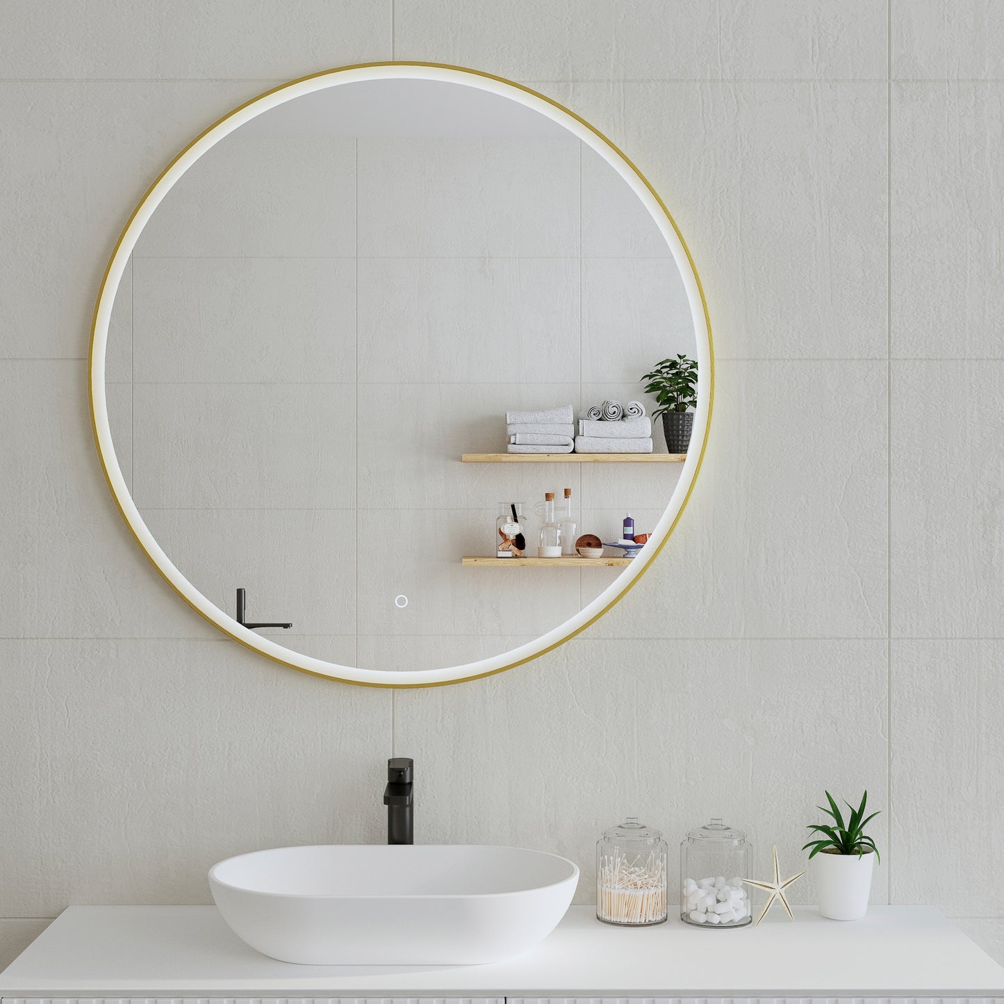 Circa Round 1000mm Frontlit LED Mirror with Brushed Brass (Gold) Frame and Demister