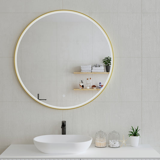 Circa Round 1000mm Frontlit LED Mirror with Brushed Brass (Gold) Frame and Demister