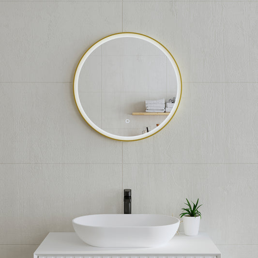 Circa Round 600mm Frontlit LED Mirror with Brushed Brass (Gold) Frame and Demister