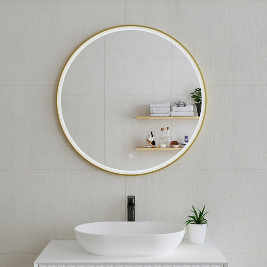 Circa Round 800mm Frontlit LED Mirror with Brushed Brass (Gold) Frame and Demister