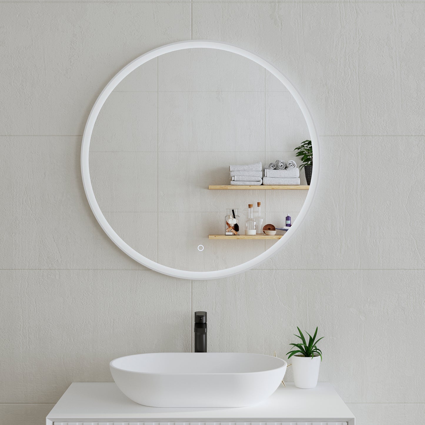 Circa Round 800mm Frontlit LED Mirror with Matte White Frame and Demister