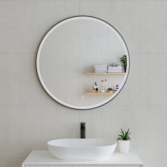 Circa Round 800mm Frontlit LED Mirror with Matte Black Frame and Demister