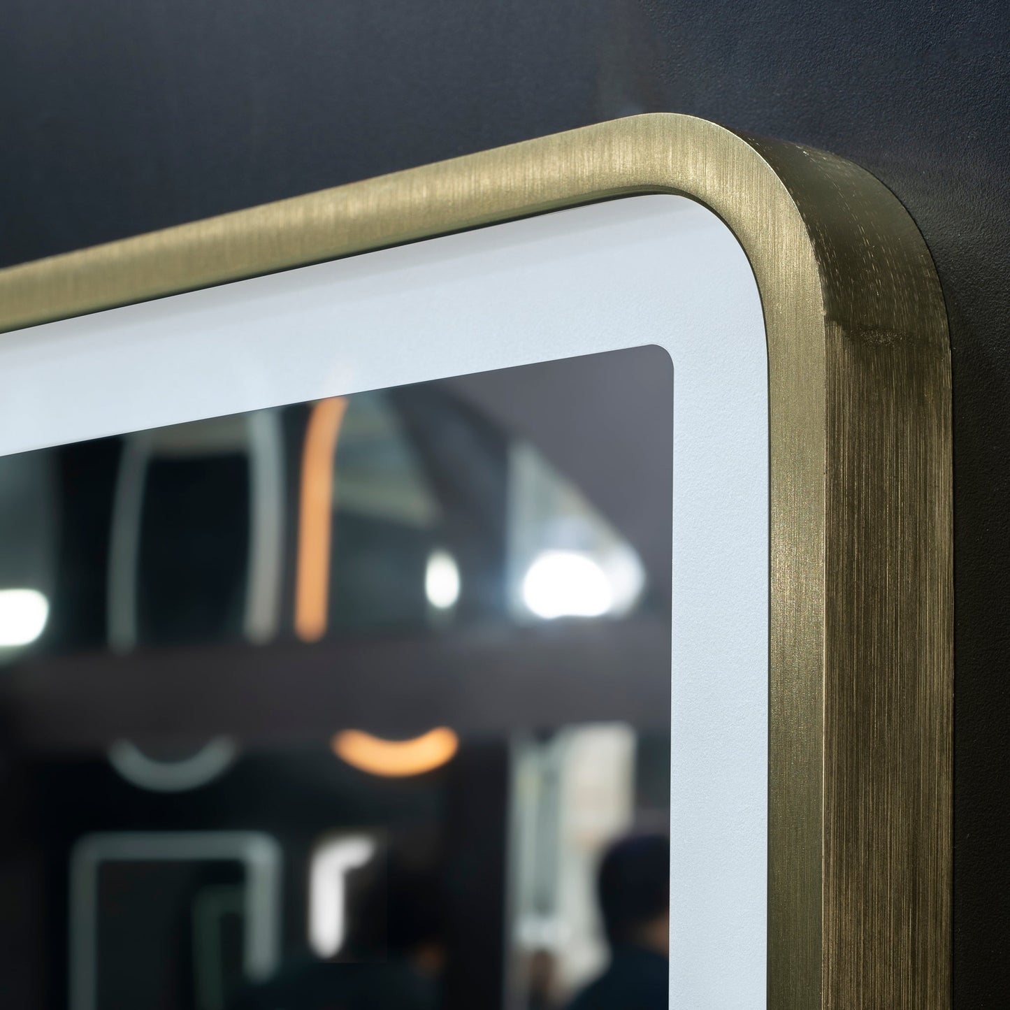 Retti Rectangular 1500mm x 900mm Frontlit LED Mirror with Brushed Brass (Gold) Frame and Demister