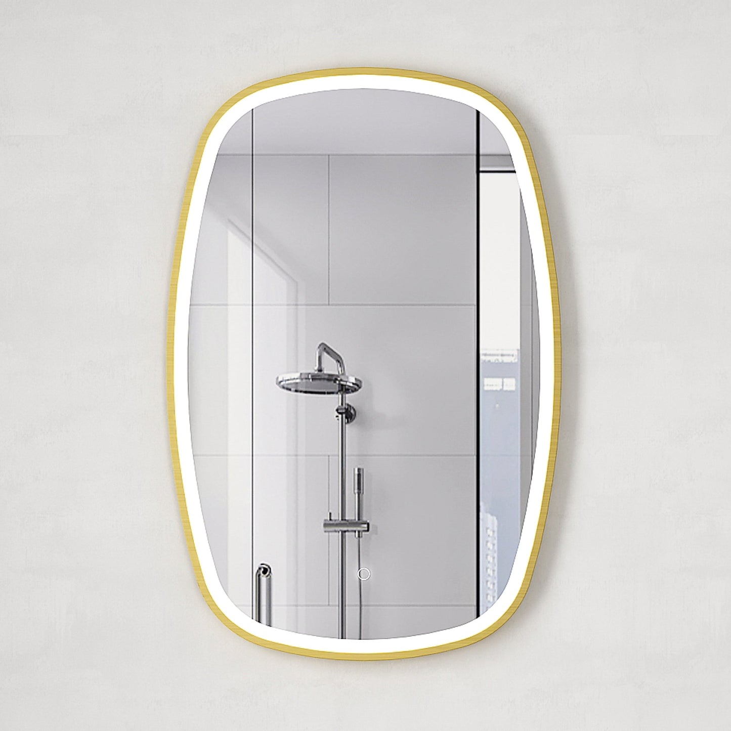 Riri Oblong 600mm x 900mm Frontlit LED Mirror with Brushed Brass (Gold) Frame and Demister