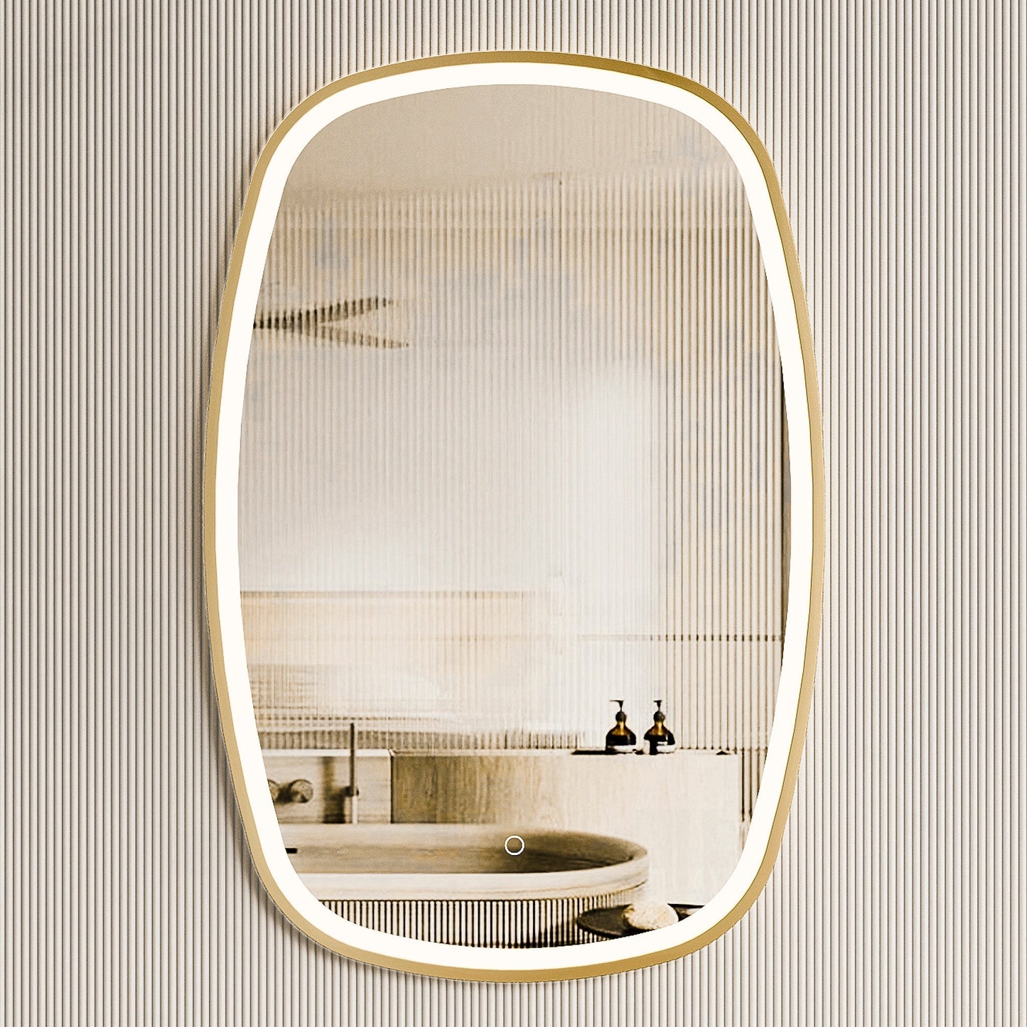 Riri Oblong 600mm x 900mm Frontlit LED Mirror with Brushed Brass (Gold) Frame and Demister