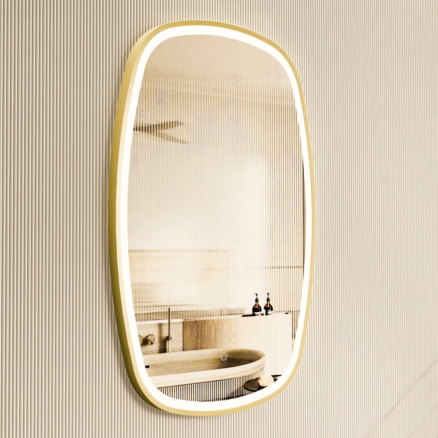 Riri Oblong 600mm x 900mm Frontlit LED Mirror with Brushed Brass (Gold) Frame and Demister