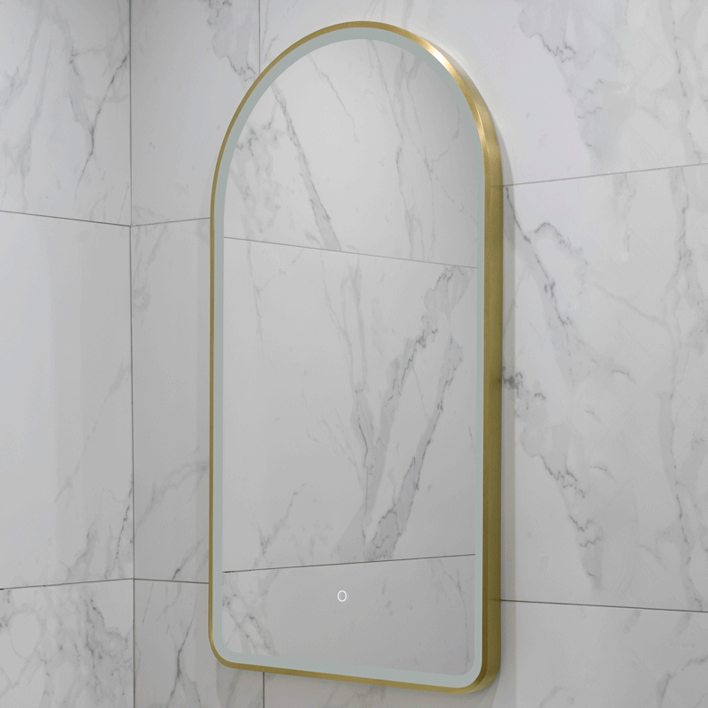 Arco Arch 550mm x 1000mm Frontlit LED Framed Mirror with Demister, Brushed Brass (Gold) Frame