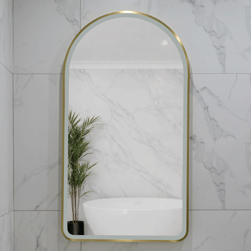 Arco Arch 550mm x 1000mm Frontlit LED Framed Mirror with Demister, Brushed Brass (Gold) Frame
