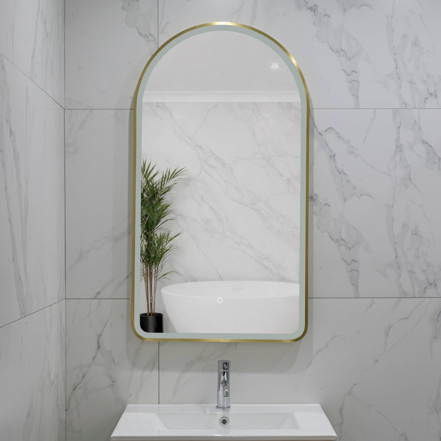 Arco Arch 550mm x 1000mm Frontlit LED Framed Mirror with Demister, Brushed Brass (Gold) Frame