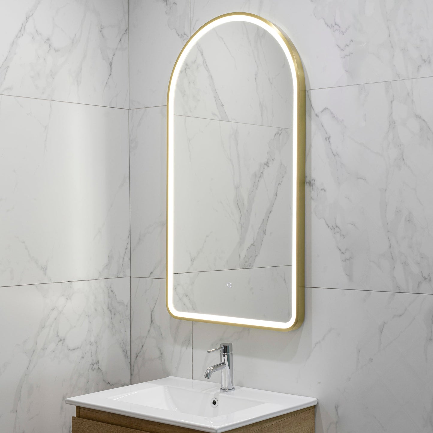 Arco Arch 550mm x 1000mm Frontlit LED Framed Mirror with Demister, Brushed Brass (Gold) Frame
