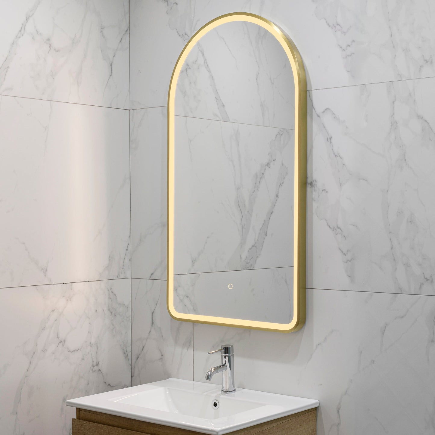 Arco Arch 550mm x 1000mm Frontlit LED Framed Mirror with Demister, Brushed Brass (Gold) Frame