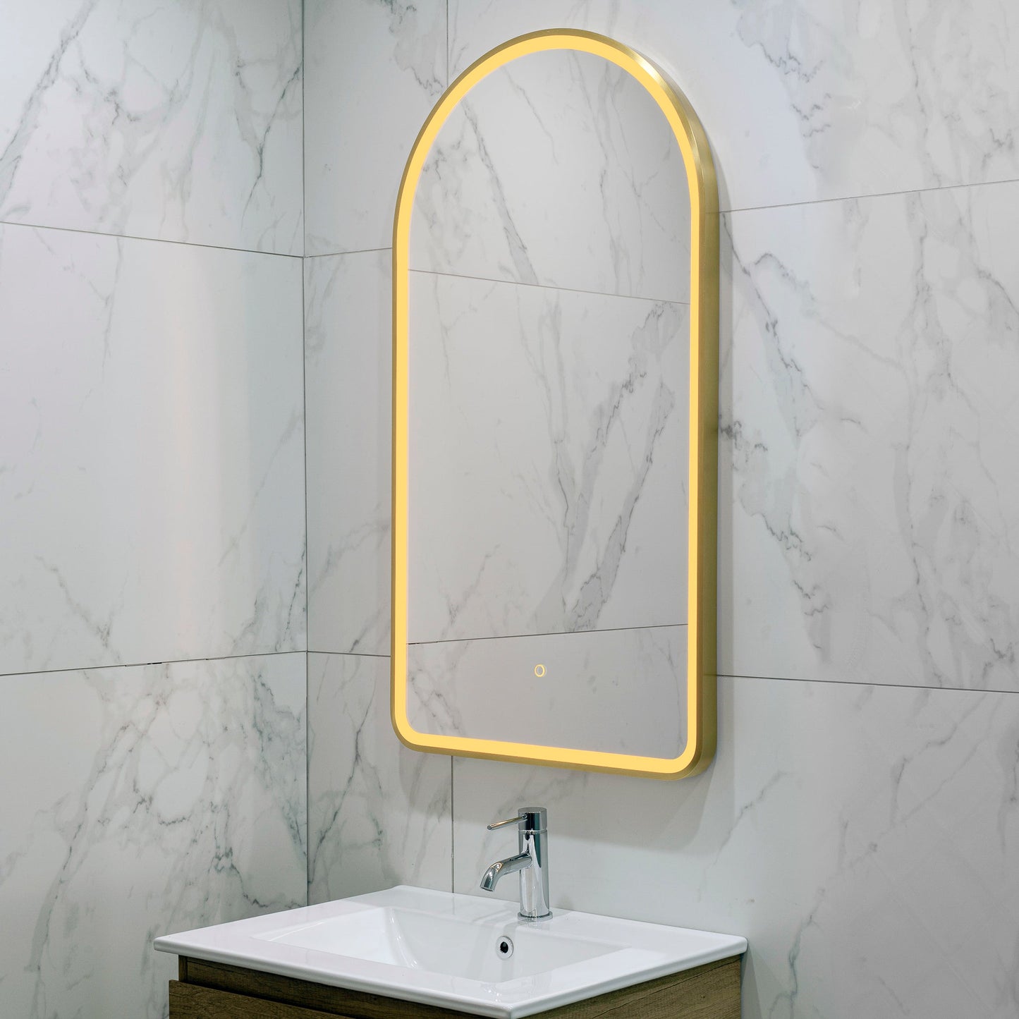 Arco Arch 550mm x 1000mm Frontlit LED Framed Mirror with Demister, Brushed Brass (Gold) Frame