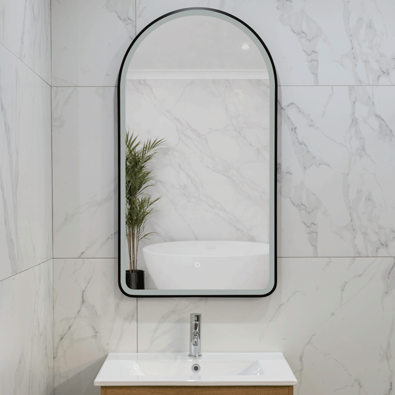 Arco Arch 550mm x 1000mm Frontlit LED Framed Mirror with Demister, Matte Black Frame