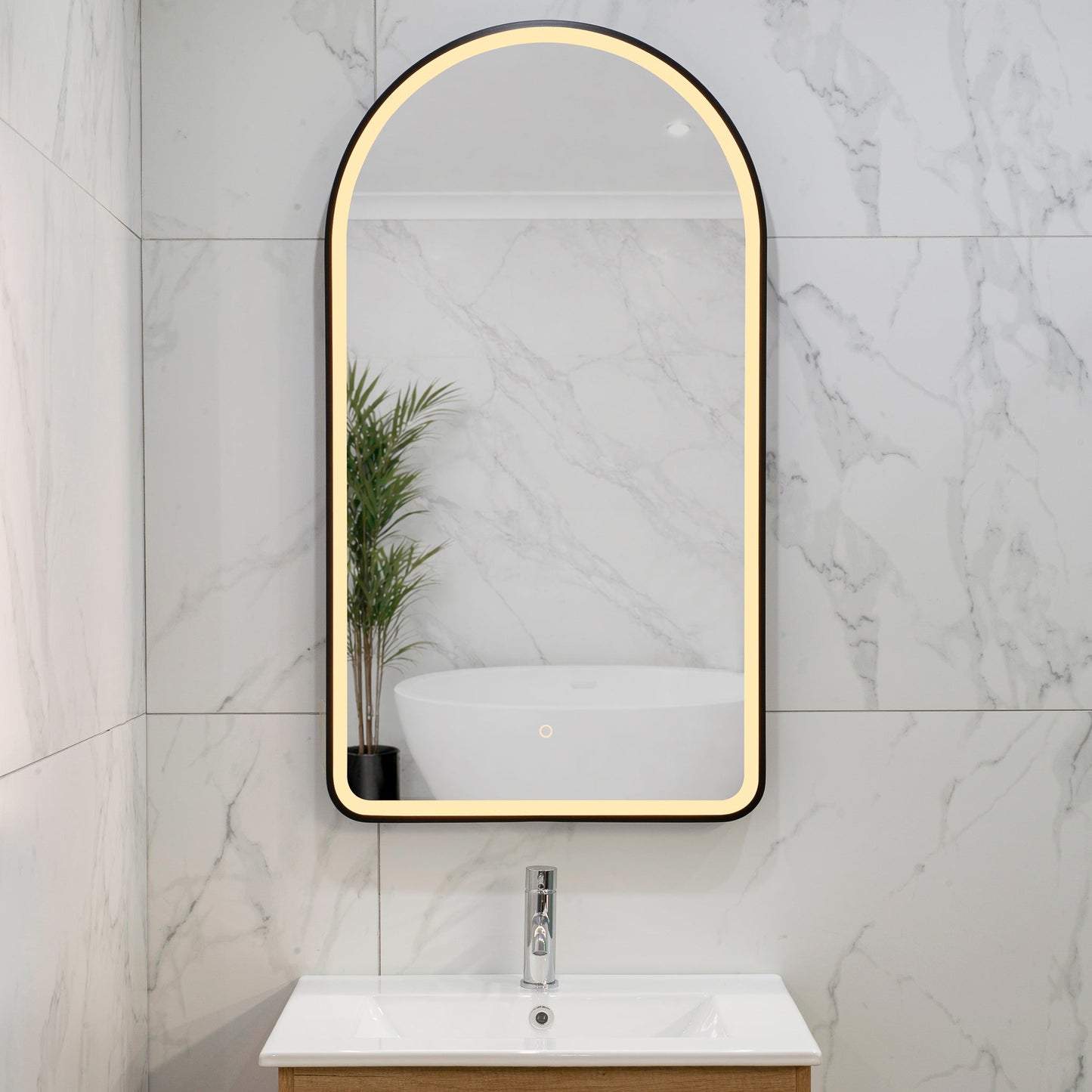 Arco Arch 550mm x 1000mm Frontlit LED Framed Mirror with Demister, Matte Black Frame