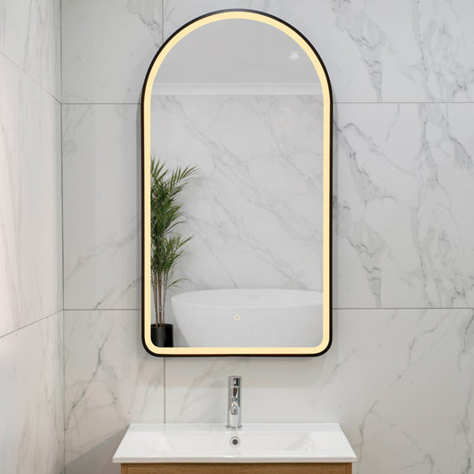 Arco Arch 550mm x 1000mm Frontlit LED Framed Mirror with Demister, Matte Black Frame