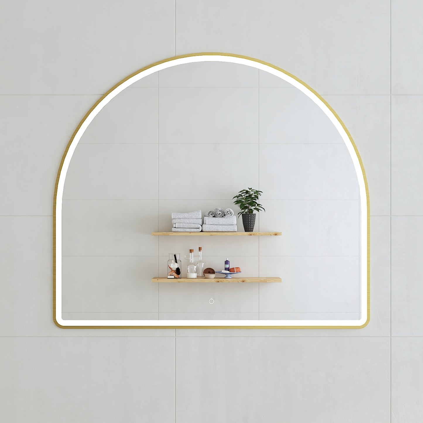 Arco Arch 1150mm x 1000mm Frontlit LED Framed Mirror in Brushed Brass (Gold) with Demister