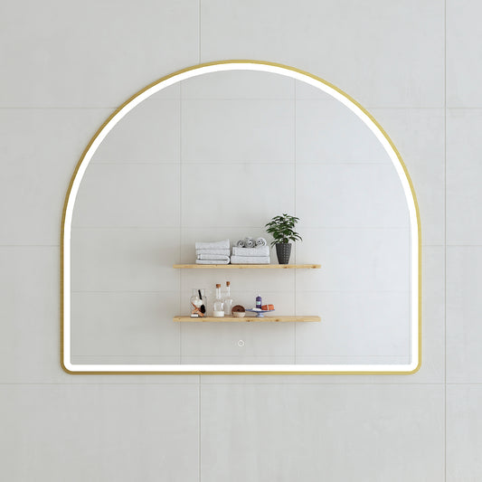 Arco Arch 1150mm x 1000mm Frontlit LED Framed Mirror in Brushed Brass (Gold) with Demister