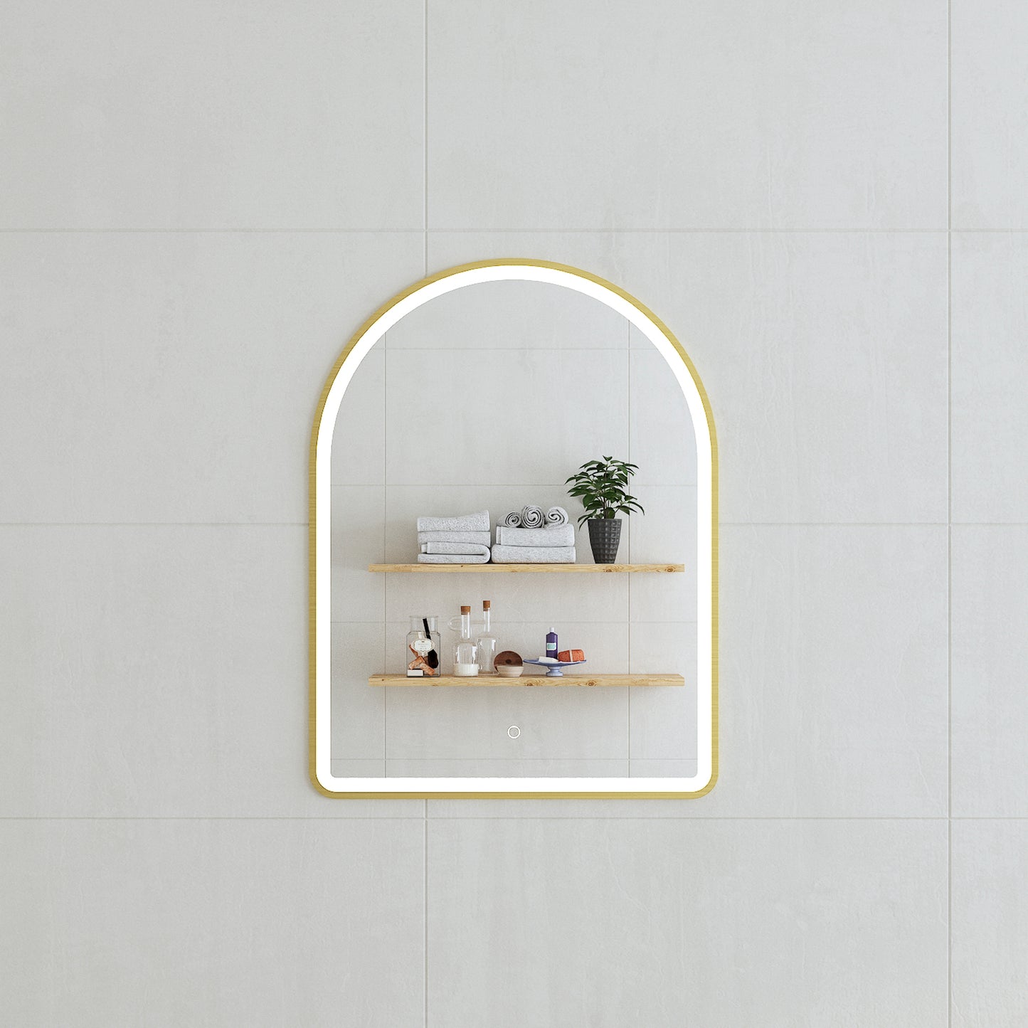 Arco Arch 600mm x 800mm Frontlit LED Framed Mirror in Brushed Brass (Gold) with Demister