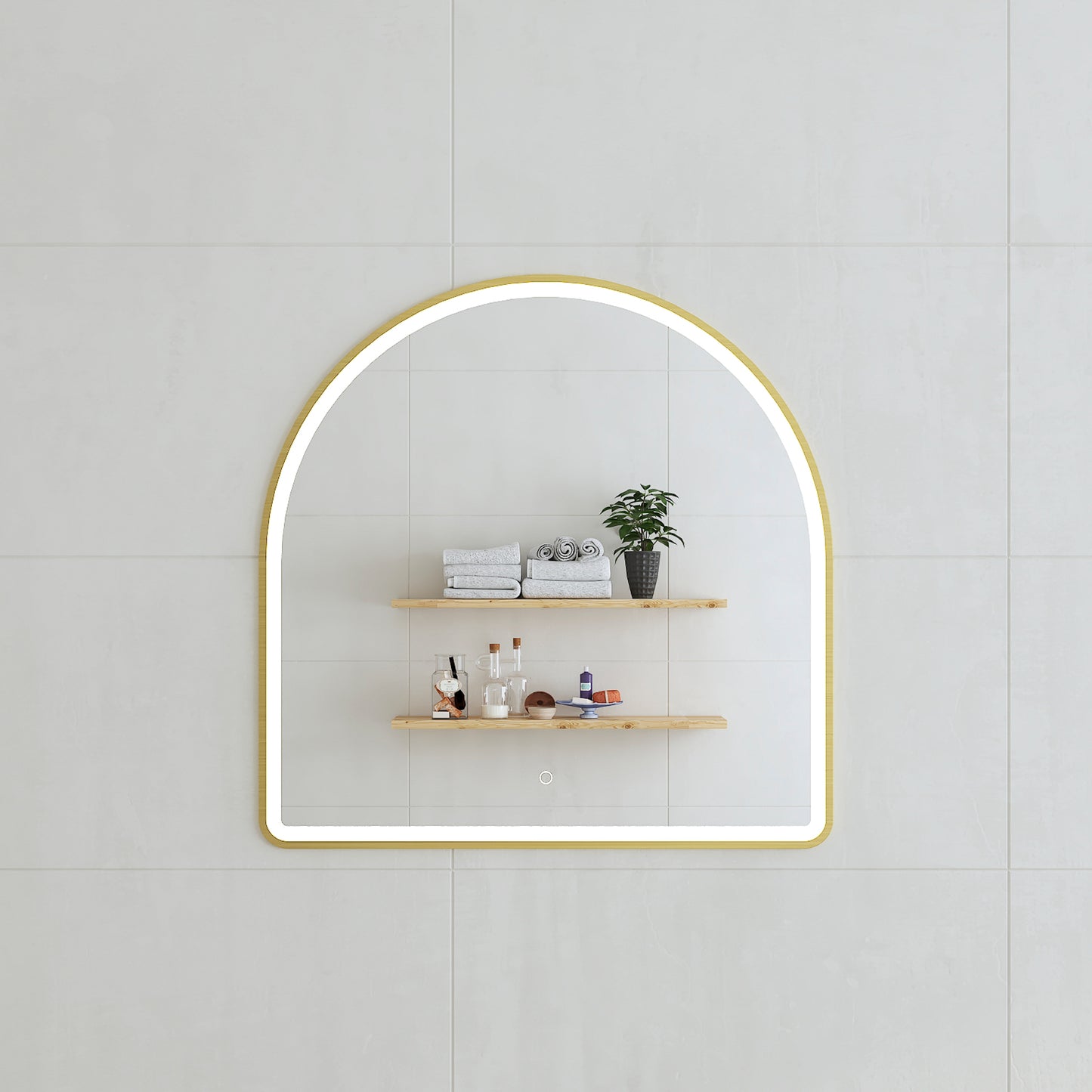 Arco Arch 800mm x 800mm Frontlit LED Framed Mirror in Brushed Brass (Gold) with Demister