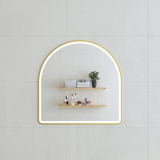 Arco Arch 800mm x 800mm Frontlit LED Framed Mirror in Brushed Brass (Gold) with Demister