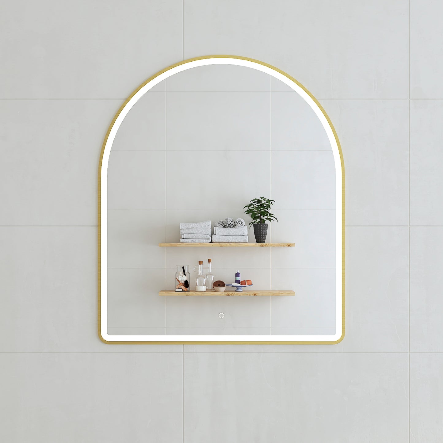 Arco Arch 850mm x 1000mm Frontlit LED Framed Mirror in Brushed Brass (Gold) with Demister