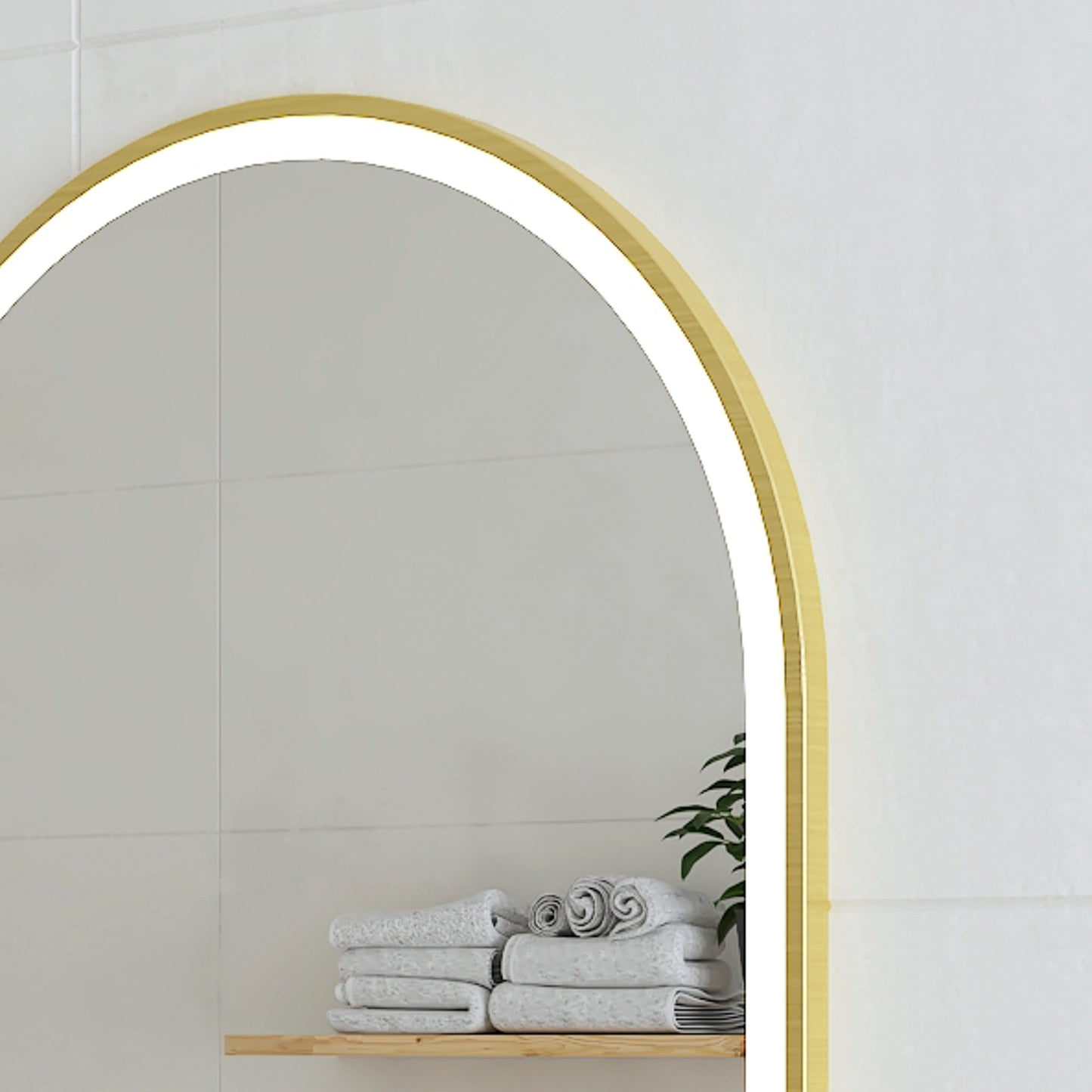 Arco Arch 1150mm x 1000mm Frontlit LED Framed Mirror in Brushed Brass (Gold) with Demister