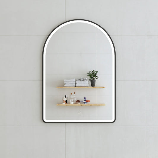 Arco Arch 700mm x 1000mm Frontlit LED Framed Mirror in Matte Black with Demister